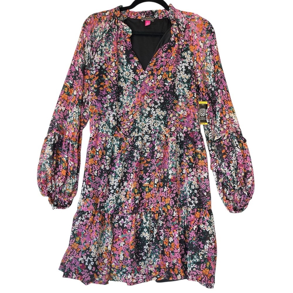 Vince Camuto Black Floral Mini Dress with Pink, Orange & White